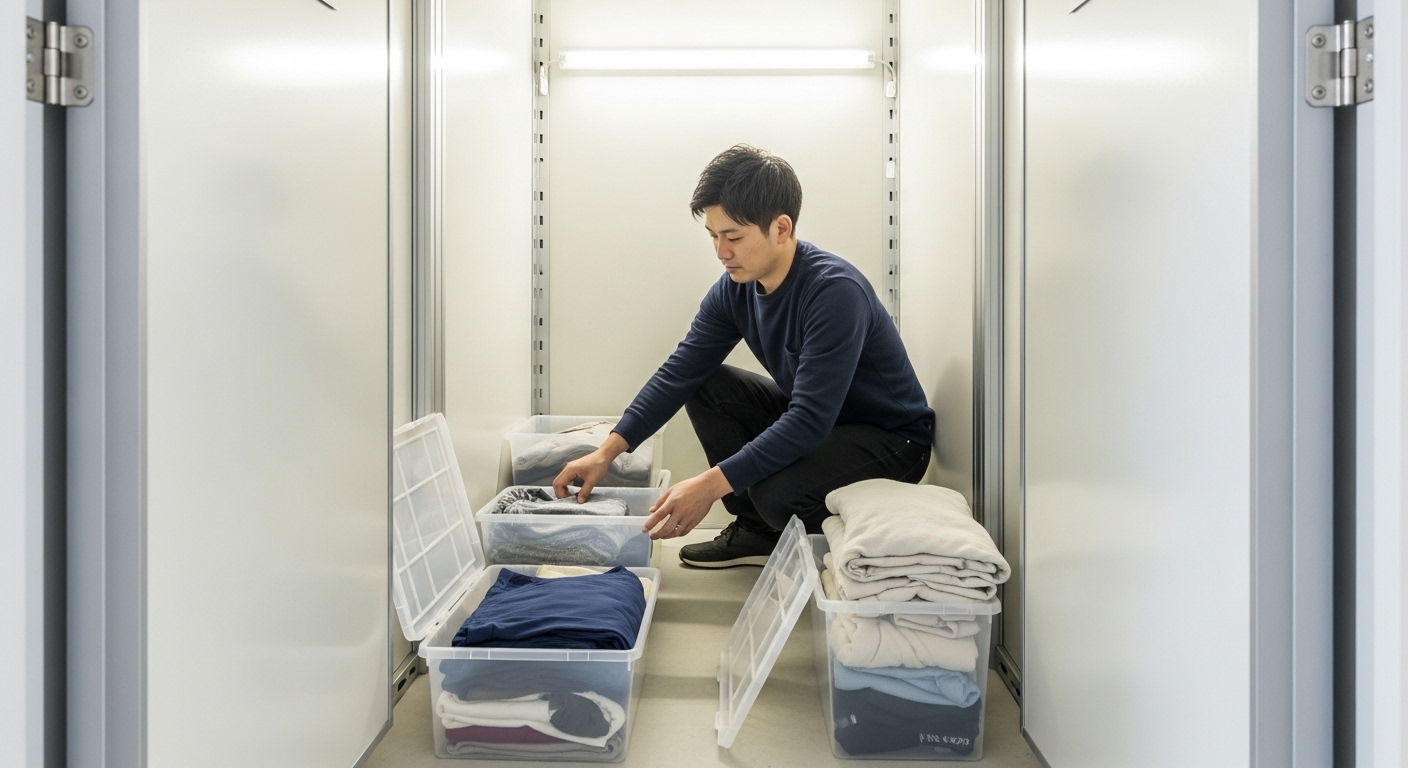 清潔で明るいトランクルーム内で季節外の衣類を収納ボックスに整理する30代男性