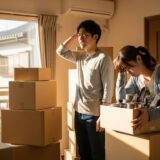 新居のリビングに積み上げられた段ボール箱の山に囲まれて途方に暮れる若い夫婦