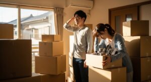 新居のリビングに積み上げられた段ボール箱の山に囲まれて途方に暮れる若い夫婦