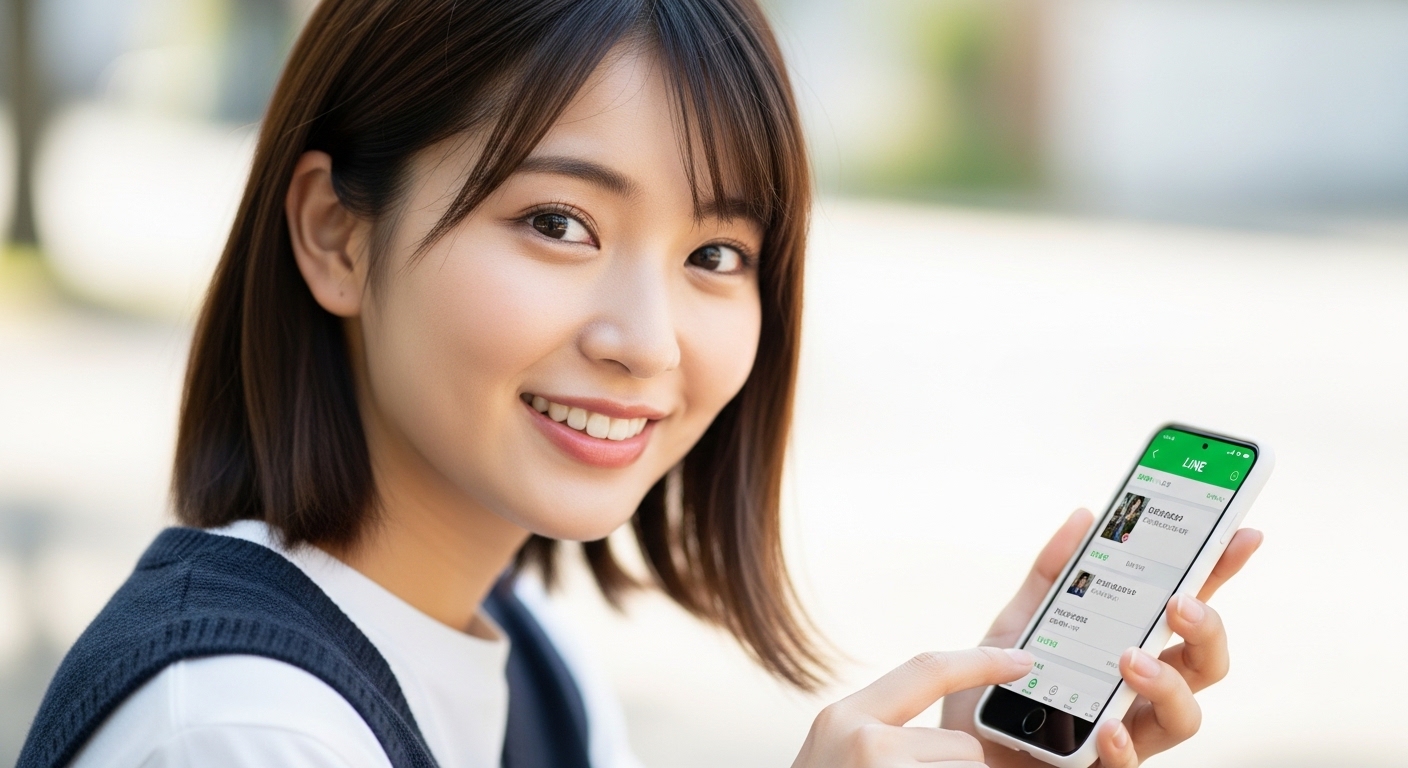 スマートフォンでLINEアプリを操作しながら笑顔を見せる若い女性