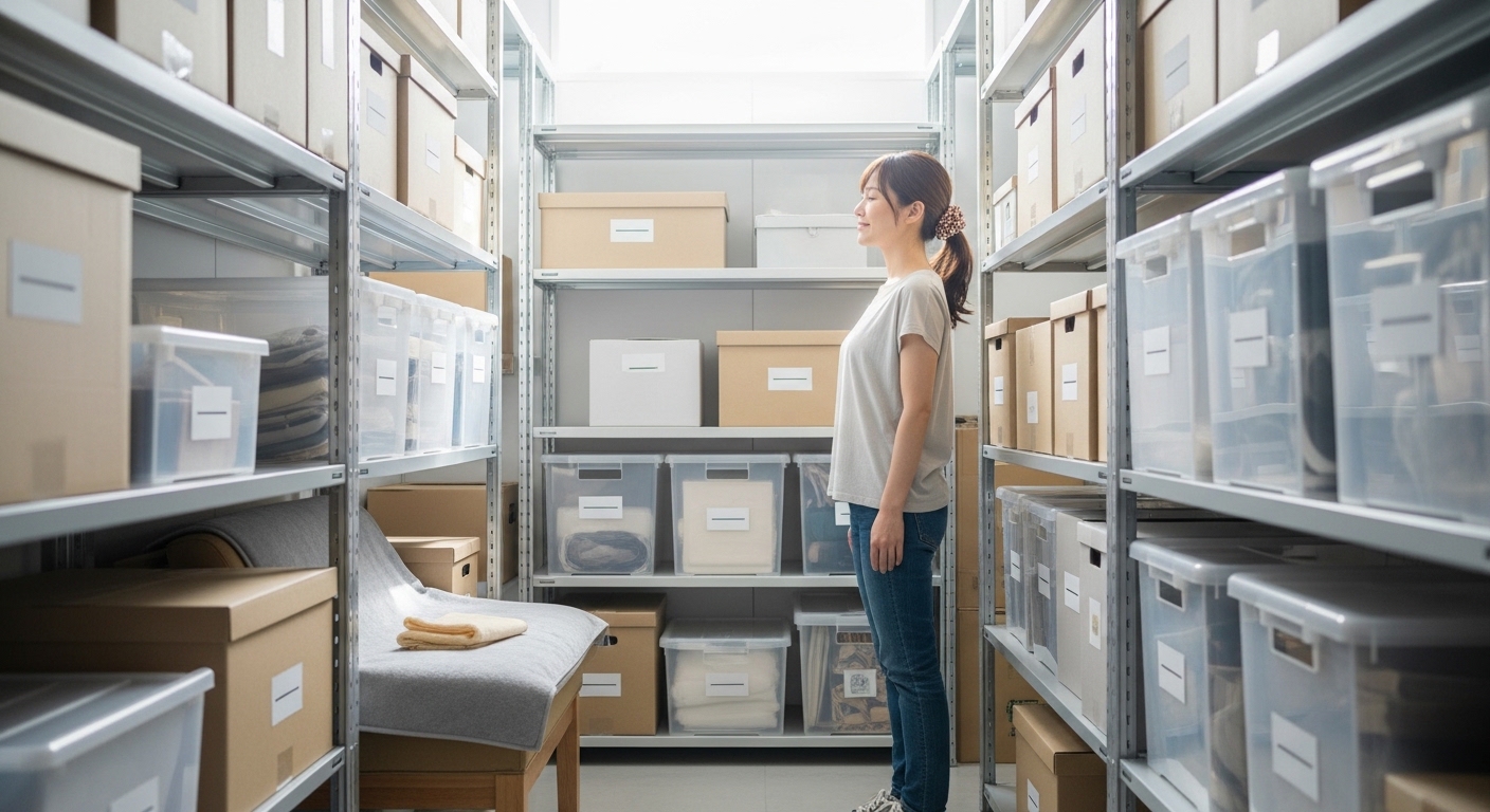 明るいトランクルーム内で整理整頓された荷物を眺めながら安心した表情を見せる女性