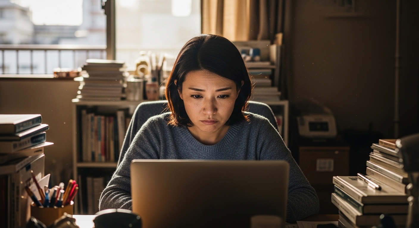 散らかった部屋でノートパソコンに向かいながら疲れた表情を浮かべる30代女性