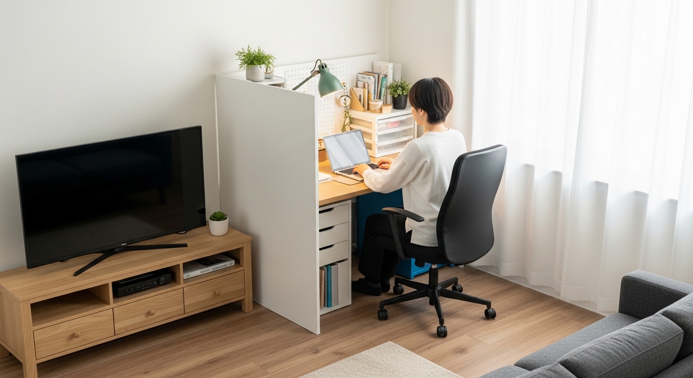 リビングの一角に設置されたコンパクトな仕事スペース。パーティションで区切られ、すっきりと整理されたデスクで快適に仕事をしている人