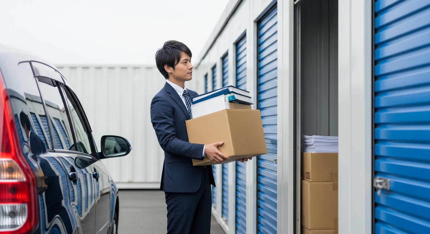 屋外に並んだコンテナ型トランクルームの前に車を横付けし、段ボール箱に入った仕事の資料を積み込んでいるビジネスパーソン